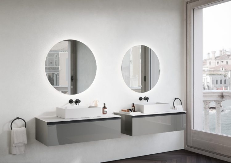 Forever vanity units in Dark Grey metallic lacquer, top with Mary washbasin in matt white purefeel, Joyce mirrors