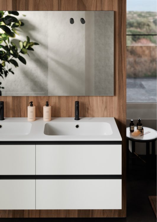 "Karl" integrated top in matt white resin and Stilo basin mixer in brushed black