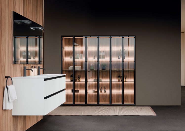 Alu tall units with integrated Led lighting behind the shelves. Brushed black aluminium frame with smoked glass and inner side in Ash oak melamine 