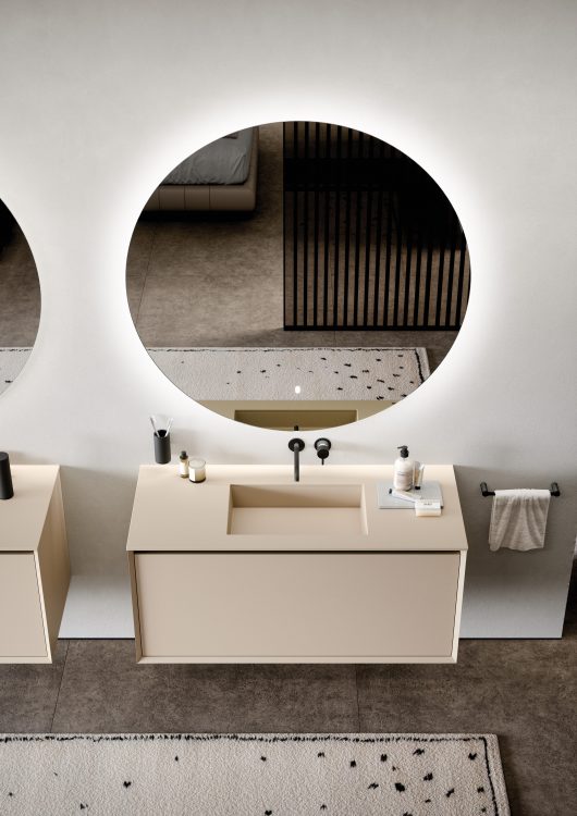 Smartcode vanity unit in matt Tortora Elegance lacquered finish, top with Nick integrated washbasin in coloured Purefeel, Joyce mirror