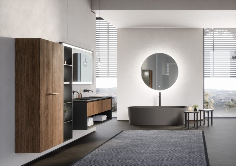 Mizar bathtub in matt Grigio pietra Lightfeel and Joyce mirror 