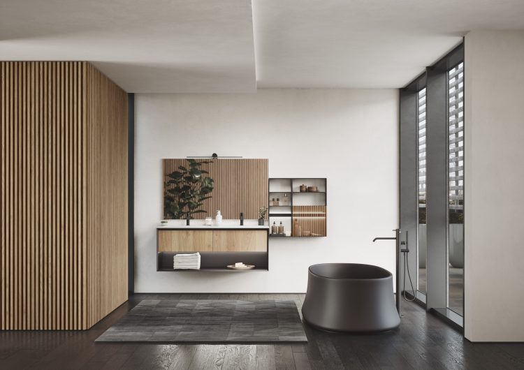 Smartcode vanity unit in matt Antracite Dark lacquered finish, Easy mirror, Line bar and modules 