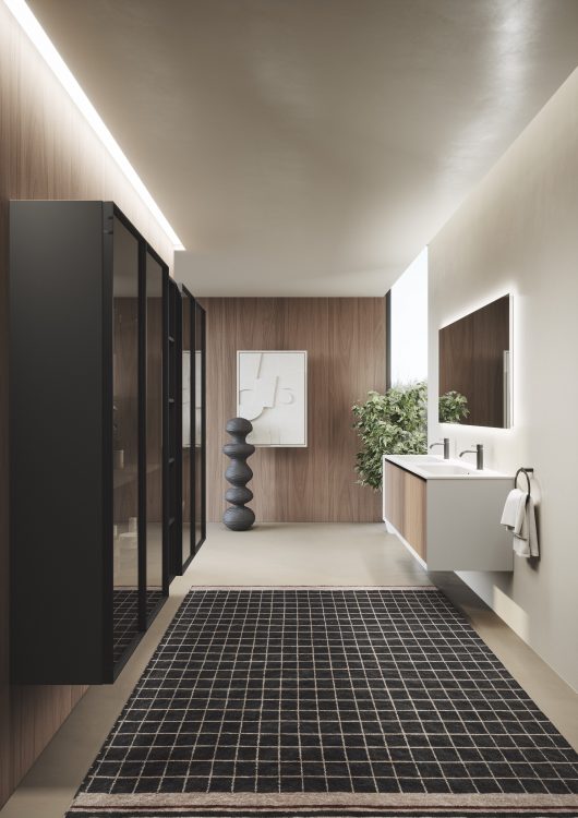 Smartcode vanity unit in matt Bianco Ghiaccio lacquered finish and frontal drawers in Ash Oak melamine wood, "Karl" integrated top in matt white resin, Dali Full mirror