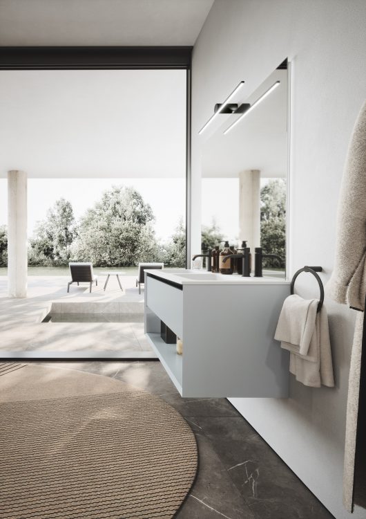 Smartcode vanity unit in Nuvola lacquered finish, Dali Full mirror with Tetris lamps