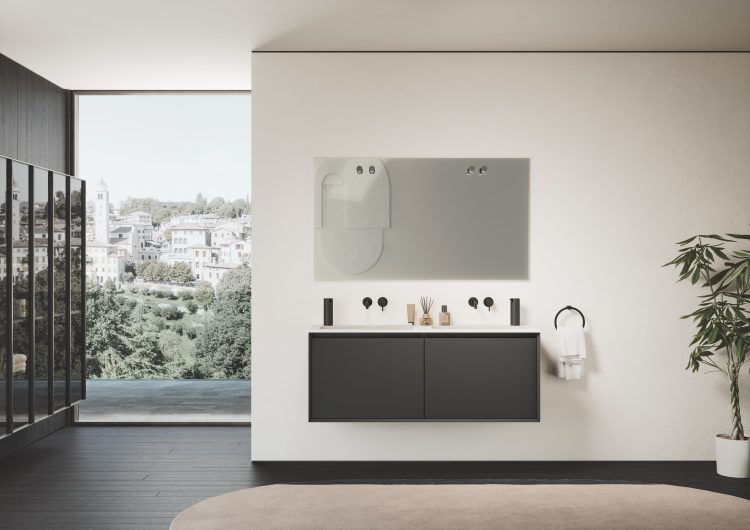 Smartcode vanity unit in matt Antracite Dark lacquered finish, "Karl" integrated top in matt white resin, Paris Square mirror 