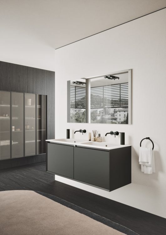 Smartcode vanity unit in matt Antracite Dark lacquered finish, "Karl" integrated top in matt white resin, Paris Square mirror 