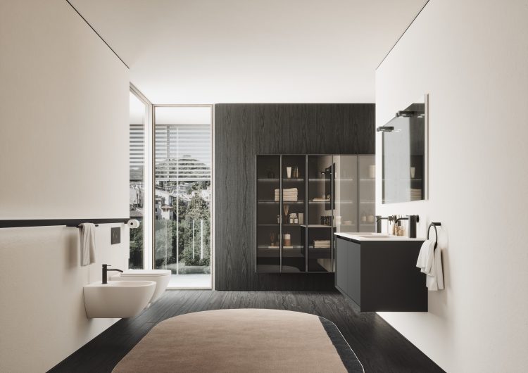 Alu wall-hung tall units with Led lighting behind the shelves. Frame in brushed black aluminium with smoked glass doors 