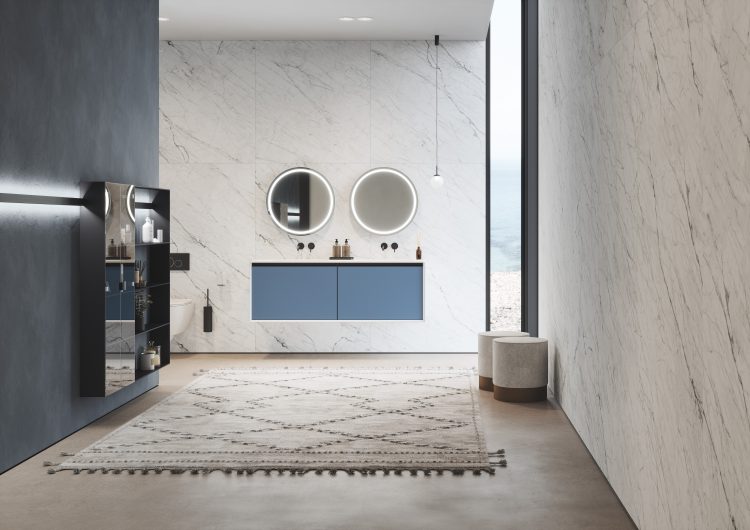 Smartcode vanity unit in matt Bianco Ghiaccio and frontal drawers in matt Bluette lacquered finish, Dream mirrors, Lume lamp