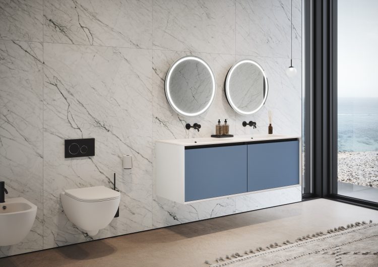 Smartcode vanity unit in matt Bianco Ghiaccio and frontal drawers in matt Bluette lacquered finish, Dream mirrors, Lume lamp