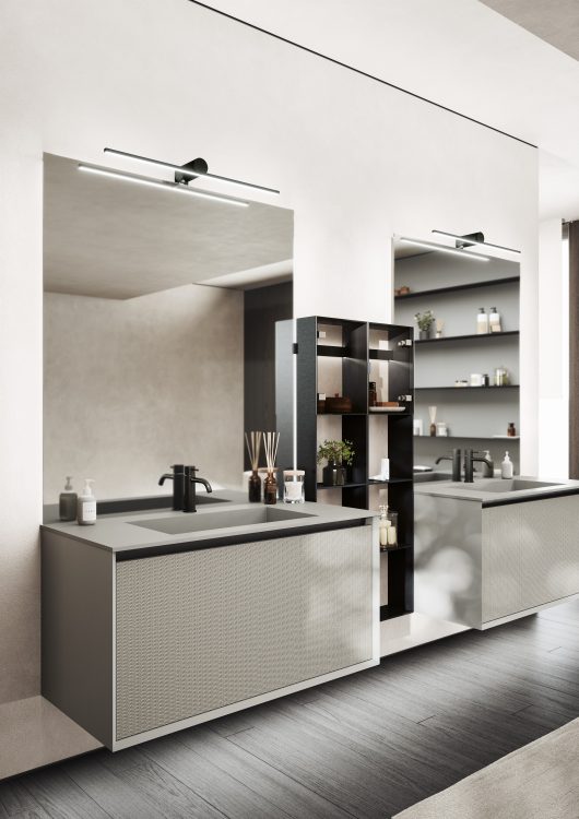 Smartcode vanity unit with frontal drawers in deluxe leather print, top in Grigio Elegance coloured Purefeel 