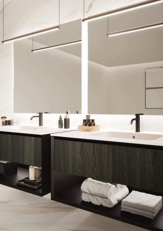 "Karl" integrated top in matt white resin, Dali Full mirror, Sei lamps