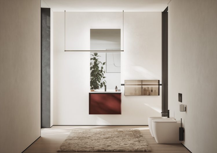 Smartcode vanity unit in Rosso Jaipur lacquered finish, "Karl" integrated top in matt white resin, Dali Full mirror, Sei lamp, Line bar with modules 