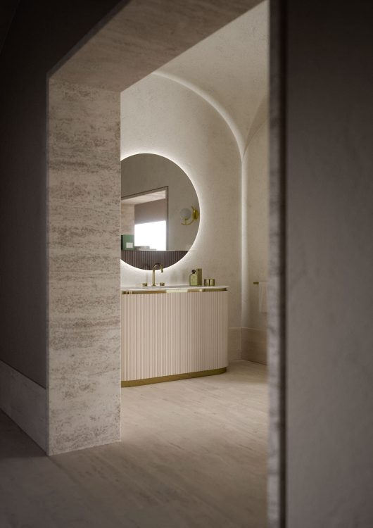 Nàos vanity unit in glossy "Tortora Elegance" lacquered finish. Calacatta Oro marble top 