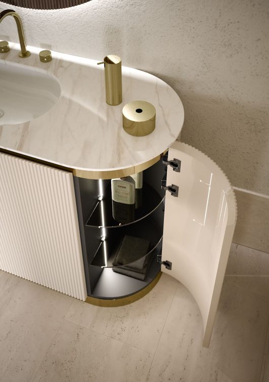 Nàos vanity unit in glossy "Tortora Elegance" lacquered finish. Calacatta Oro marble top 