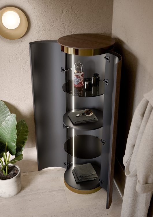 Freestanding round cabinet in ribbed Walnut finish/glossy gold