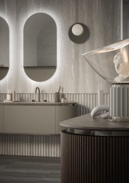 Nàos vanity unit in matt "London Grey" lacquered finish/Glossy Black Nickel