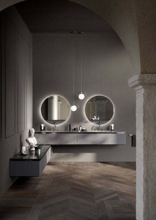 Nàos vanity unit in glossy "Antracite Dark" lacquered finish/Black Nickel. Top in Nero Marquinia marble