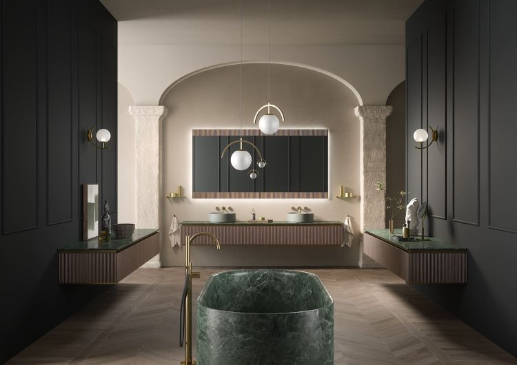 Nàos vanity unit in ribbed Walnut finish/Satin gold. Top in Verde Alpi marble 