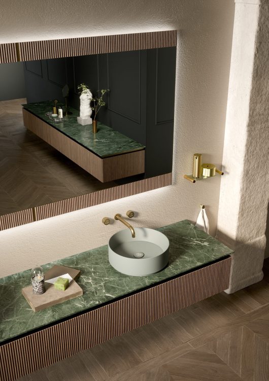 Top in Verde Alpi marble with Julia countertop washbasin in matt white purefeel