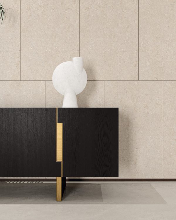 Bristol low sideboard in Black Oak finish, bronze details, top in Calacatta Oro marble 