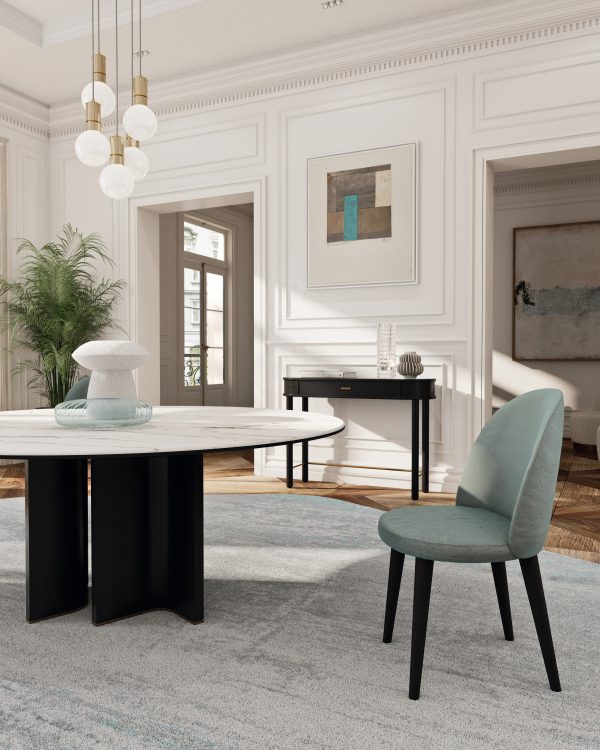 Wave table in Black Oak finish, bronze details. Top in Calacatta Oro marble 