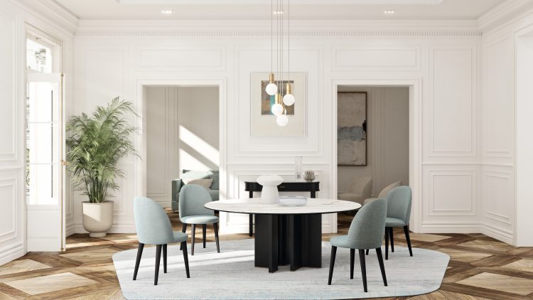 Wave table in Black Oak finish, bronze details. Top in Calacatta Oro marble 