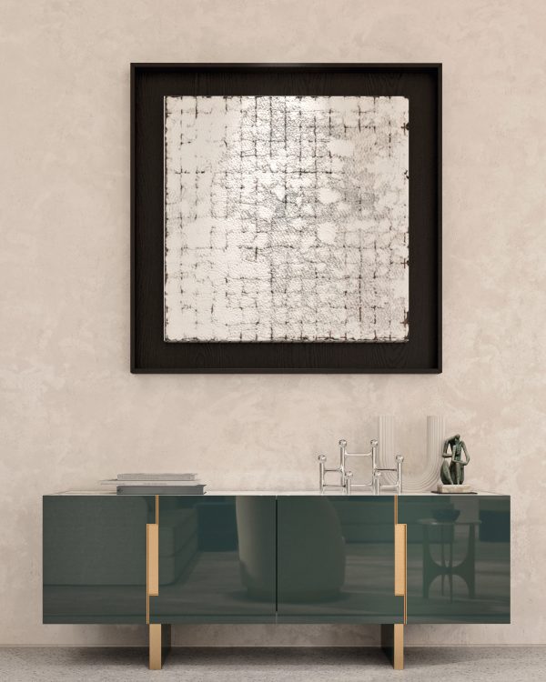 Bristol low sideboard in green finish, bronze details, top in Calacatta Oro marble 