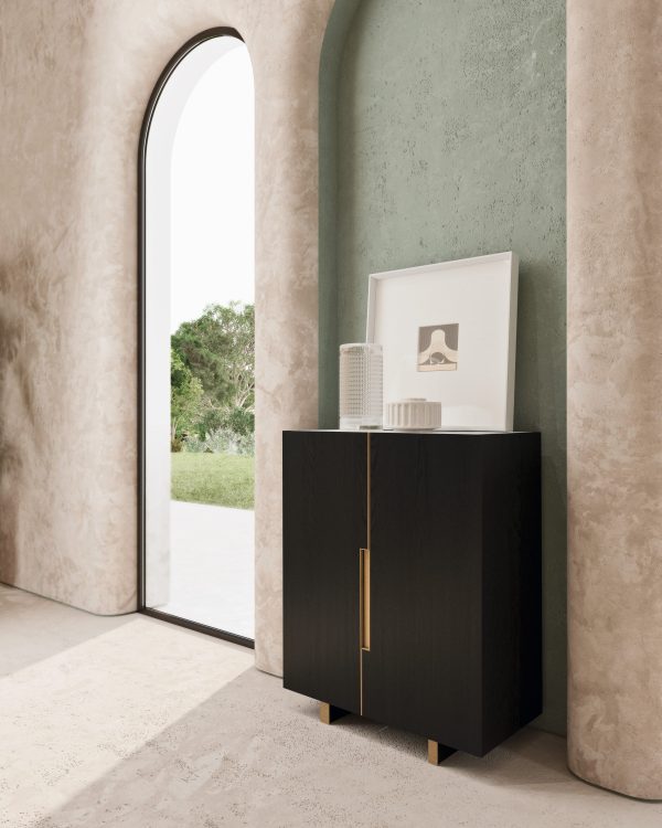 Bristol high sideboard in Black Oak finish, bronze details, top in Calacatta Oro marble 